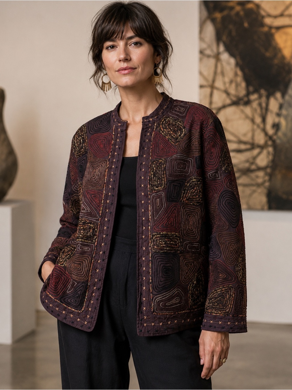 Women's Burgundy Patchwork Embroidered Jacket art to wear